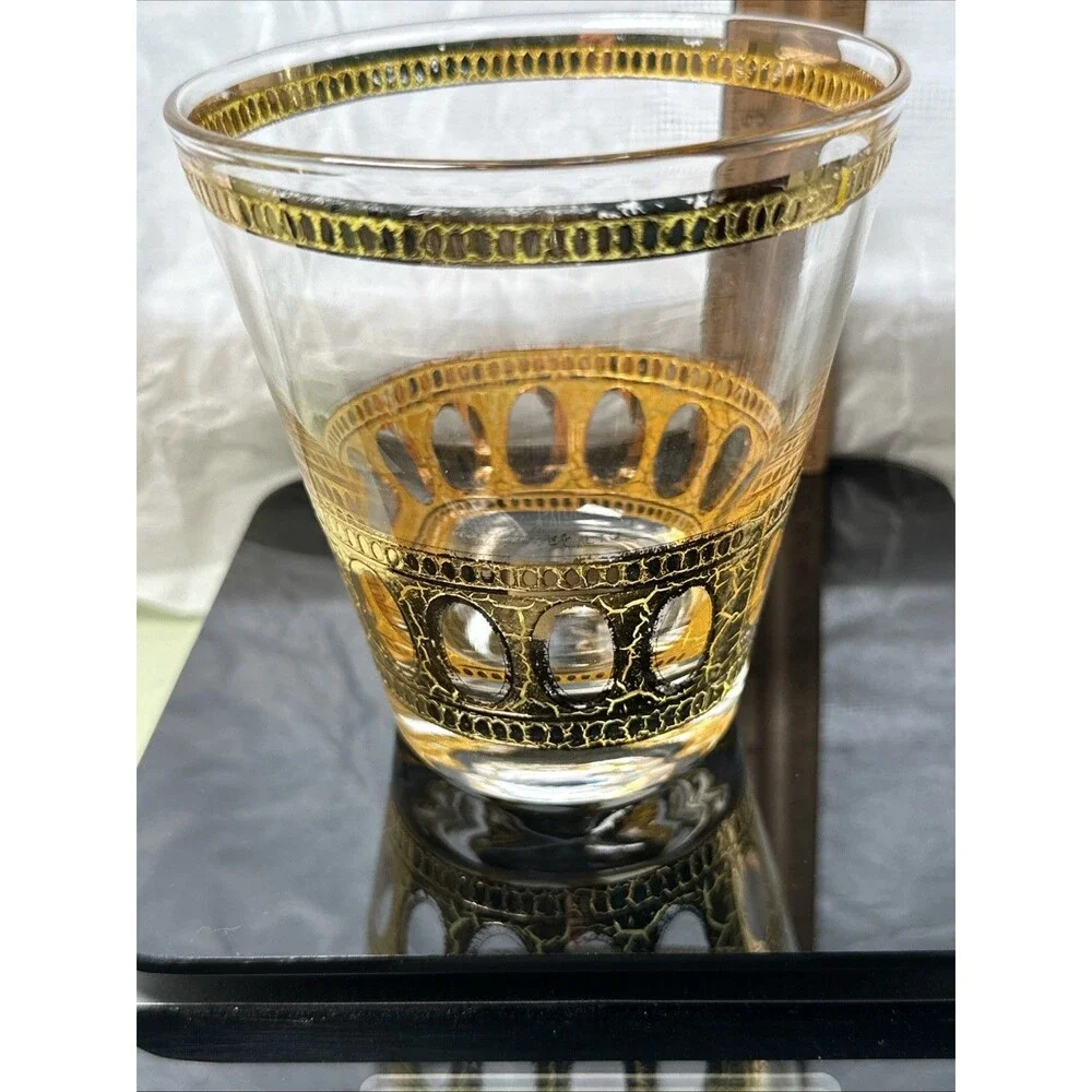 Culver LTD 22K Gold Roman Arch Lowball Glass 4” Mid Century Barware Heavy Base
